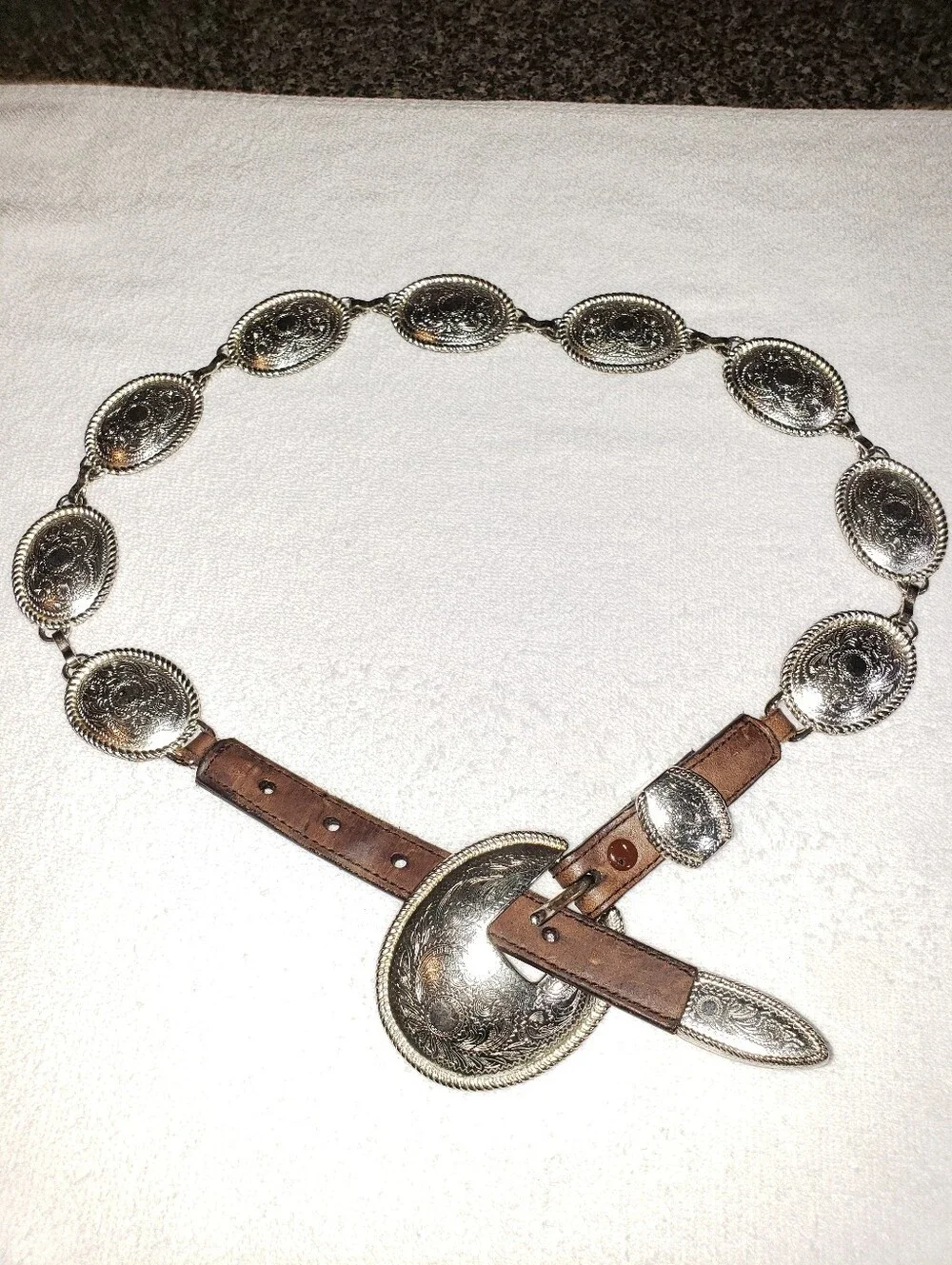 Tony Lama Silver Concho Western Leather Belt with Brown Straps - Picture 1 of 7